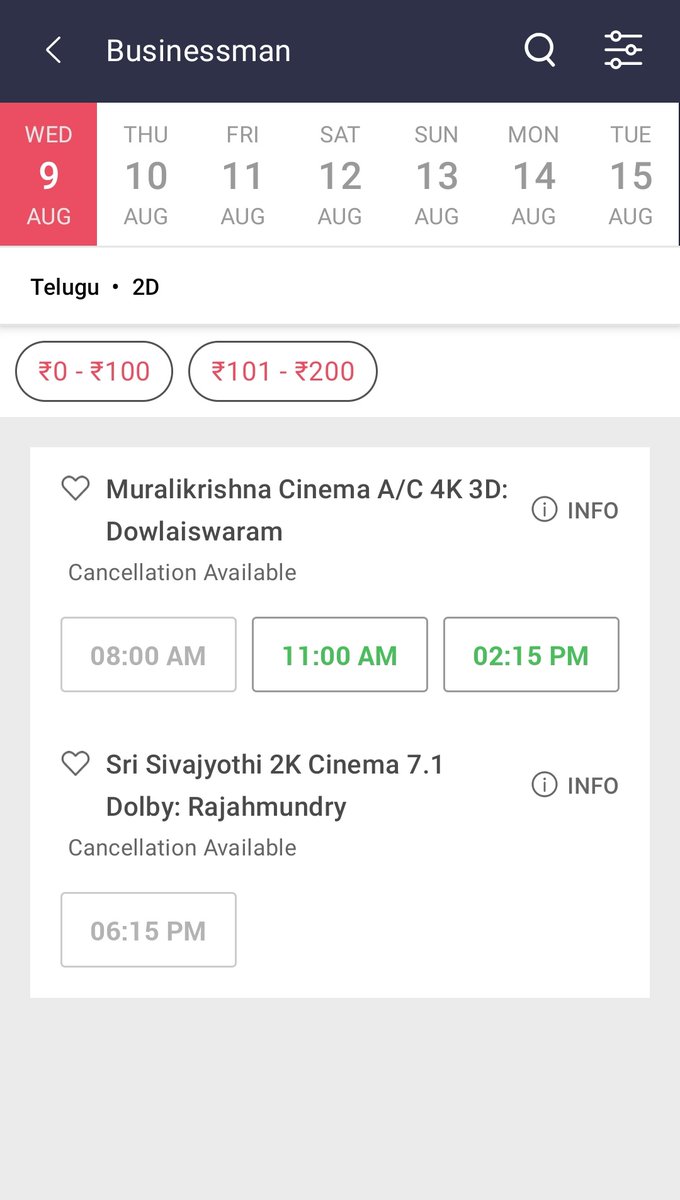 Rajahmundry - Sri SivaJyothi 
Special Fans show 6:15 Pm Sold Out 👌💥

Dowleswaram - Murali Krishna Bookings Opened 

More shows will be added 👍

Stay Tune To Us!

#Businessman4k 

East Godavari Release @Vintage__Films

Super 🌟 @urstrulyMahesh
#PuriJagannadh @ViswaCM1 @sivu8199