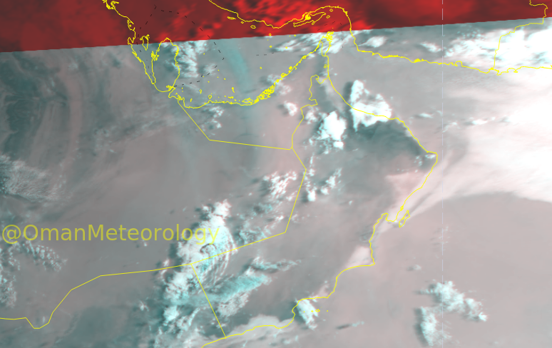 OmanMeteorology's tweet photo. حاليا (08:20) صباحاً  توضح الصورة الجوية تشكل السحب المنخفضة على سواحل بحر العرب و سواحل بحر عمان و نشاط سحب الخريف على محافظة ظفار.
كما توضح انتشار لسحب المتوسطة على أجزاء من محافظات جنوب الباطنة , الظاهرة , مسندم و  المناطق الصحراوية في ظفار. https://t.co/3Hh7M2b6AR