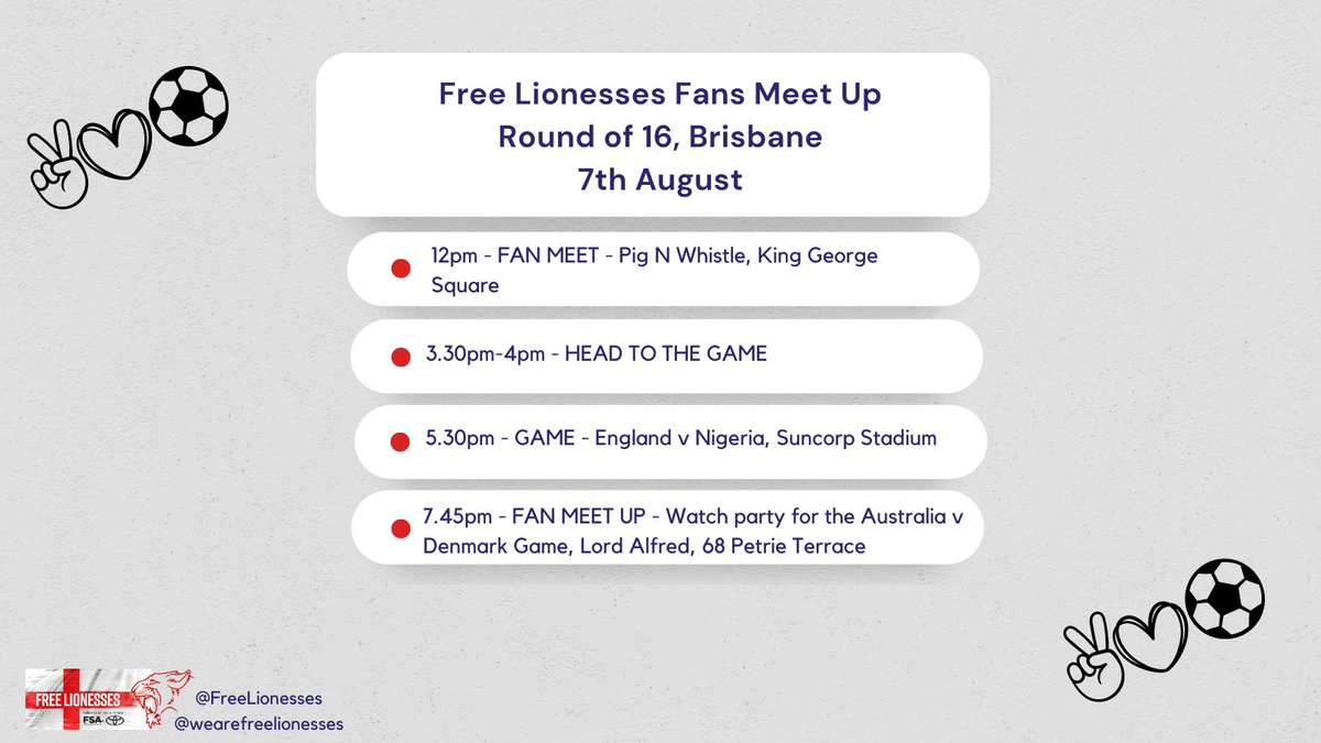 FreeLionesses's tweet image. PRE-MATCH MEET UP INFO  
🏴󠁧󠁢󠁥󠁮󠁧󠁿v🇳🇬     

We have a range of different things for #Lionesses fans to join in with ahead of the game tomorrow.    

Bring scarfs, flags, hats and your VOICES!! #BYFANSFORFANS📷 🤩