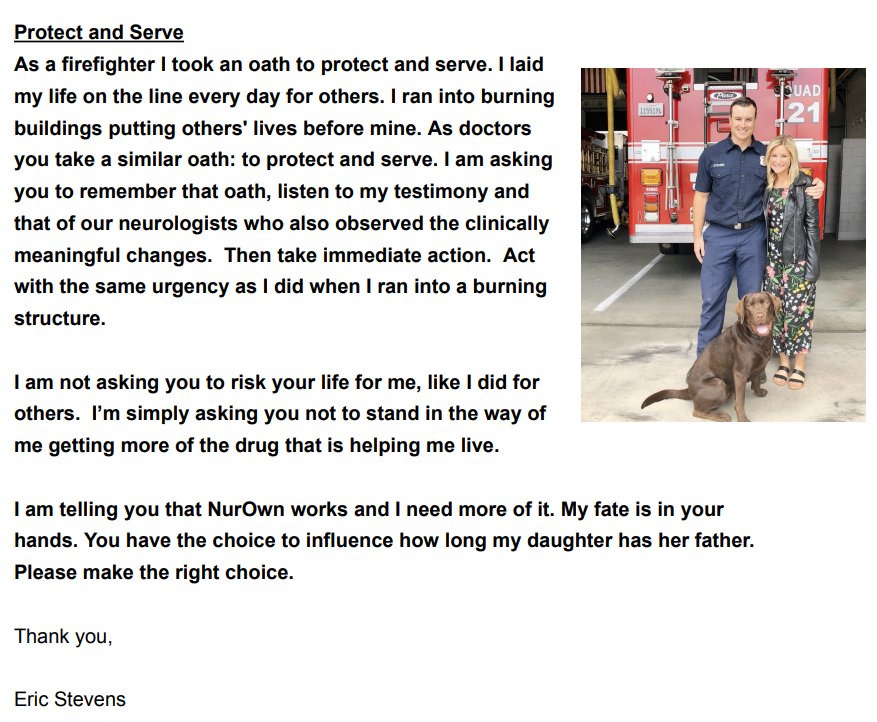 " I am not asking you to risk your life for me, like I did for others. I’m simply asking you not to stand in the way of me getting more of the drug that is helping me live."

~ Eric Stevens  <a href="/stevens_nation/">axeALSFoundation</a> 

Comment:
regulations.gov/comment/FDA-20…

#NurOwnNow #EndALS  #ALS #NurOwnWorks