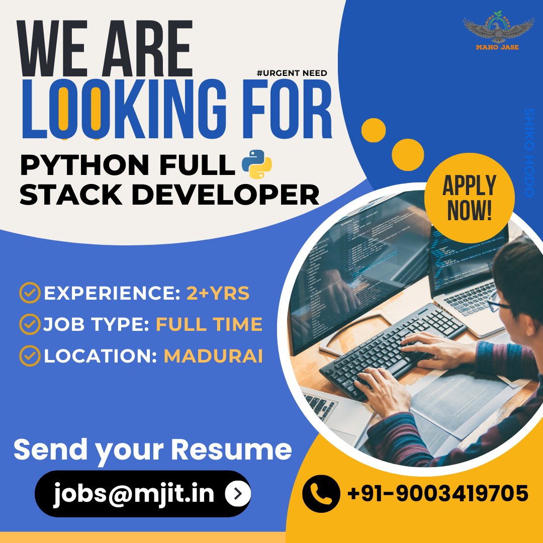 Join Our Team

#jobopening #jobvacancyatmadurai #hiring #jobopportunity #madurai #graburseat #immediatejoiners #immediatehiring #urgentneed #pythonfullstack #python #fullstack #developer #pythonfullstackdeveloper #maduraitechnical