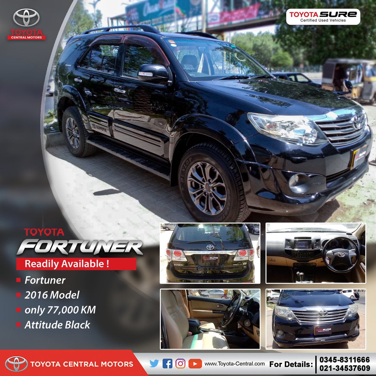ToyotaCentralM2's tweet image. Toyota Central Motors is offering the Readily Available Fortuner 2016 Model with the mileage of only 77,000km. Condition is just like brand new!
For price &amp;amp; details, call us at 021-34537609 &amp;amp; 0345-8311666

#toyotacentralmotors #ToyotaFortuner #readilyavailable #Tsure