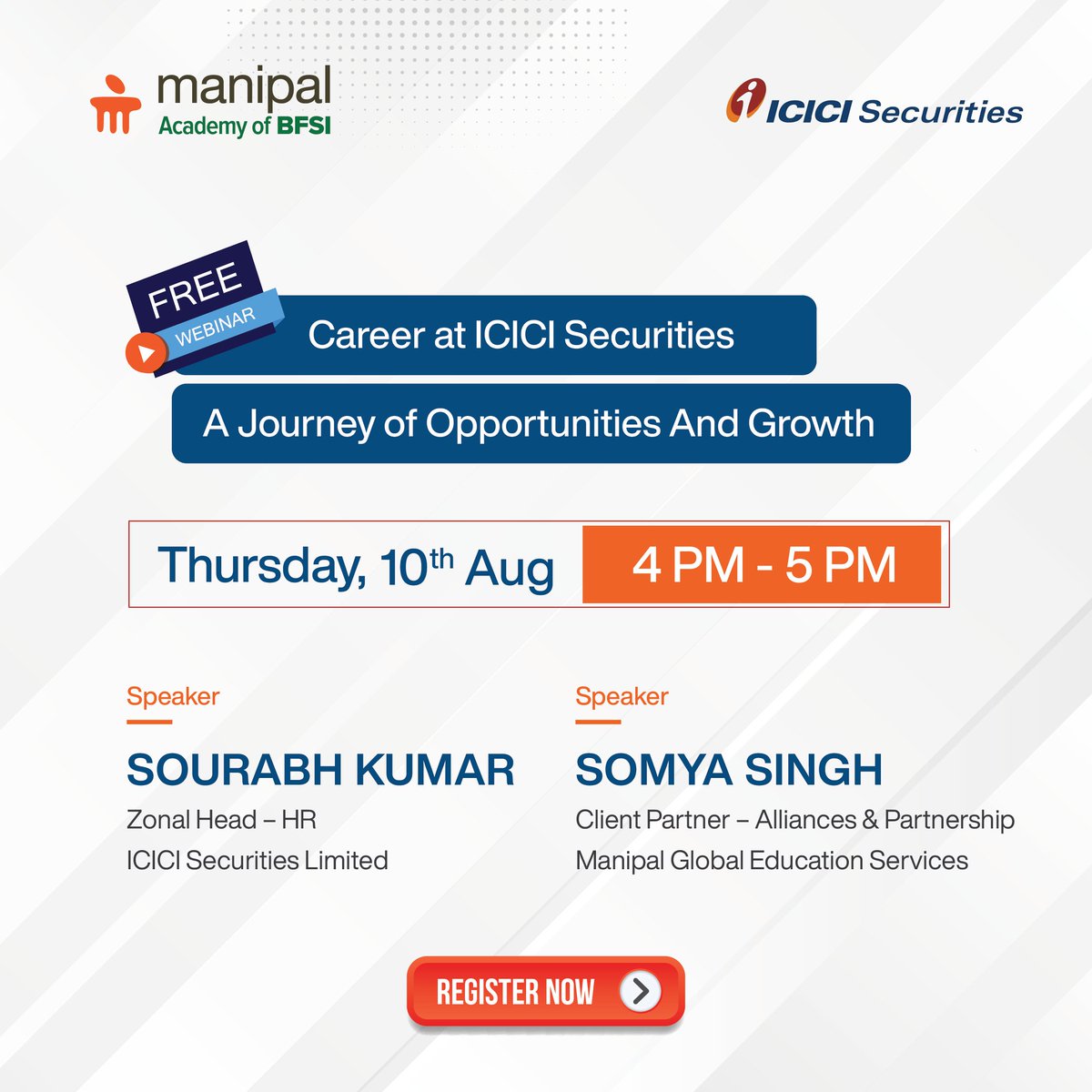 In this webinar, you will:
• Get an Introduction to ICICI Securities &amp; Career Opportunities
• Discover how ICICI Securities nurtures talent and supports professional growth

Date: Thursday, 10th August
Time: 4PM – 5PM
Location: Zoom
Register Here: shorturl.at/uAMTY