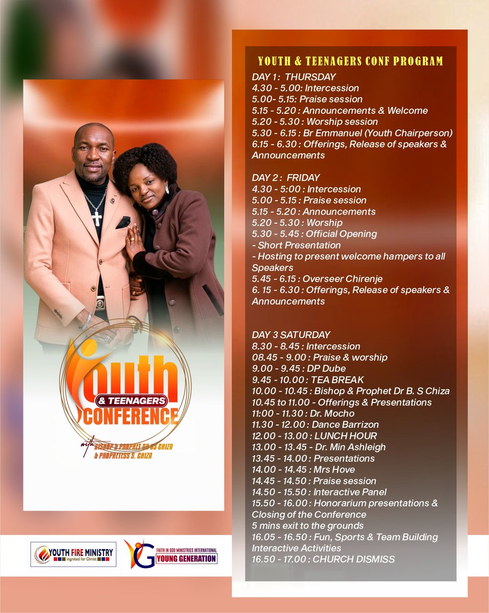 ProphetDrBChiza's tweet photo. The conference continues today. 
We will be in the presence of the Lord the whole day. Please find the program, and the live broadcast will be on Lady Bishop's page: Prophetess Shemariah Chiza. Connect and be blessed. God is doing something, and the word is relevant to all. https://t.co/f10kVP5UoV