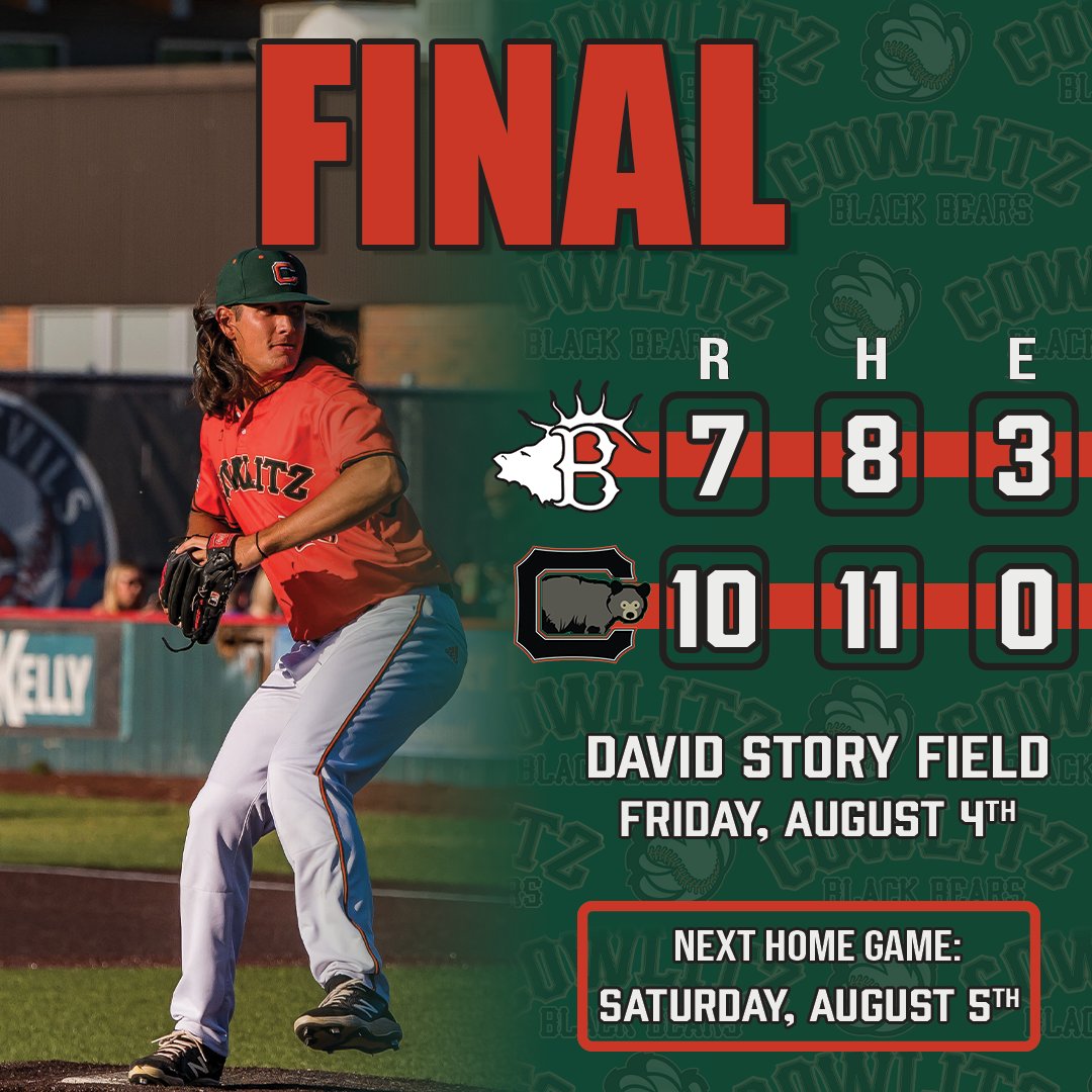 CowlitzBBears's tweet photo. That's 10 straight! Come on out to the park to enjoy the postgame fireworks show tomorrow and the final game of the regular season on Sunday. Buy your playoff ticket today! #Bearsofsummer https://t.co/AibO2bDuUY