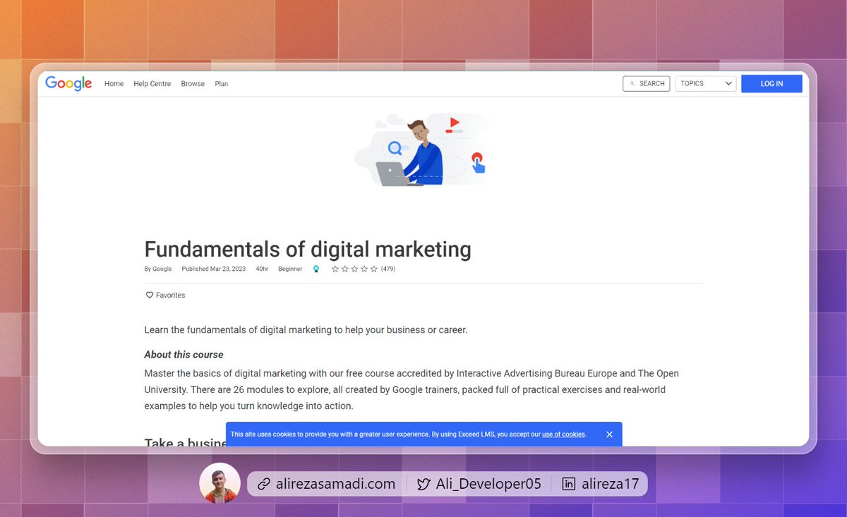 9. Fundamentals of digital marketing.

Learn the fundamentals of digital marketing to help your business or career.

Course Detail:

→ Modules: 26
→ Hours: 40
→ Beginner
→ Free

learndigital.withgoogle.com/digitalgarage/…