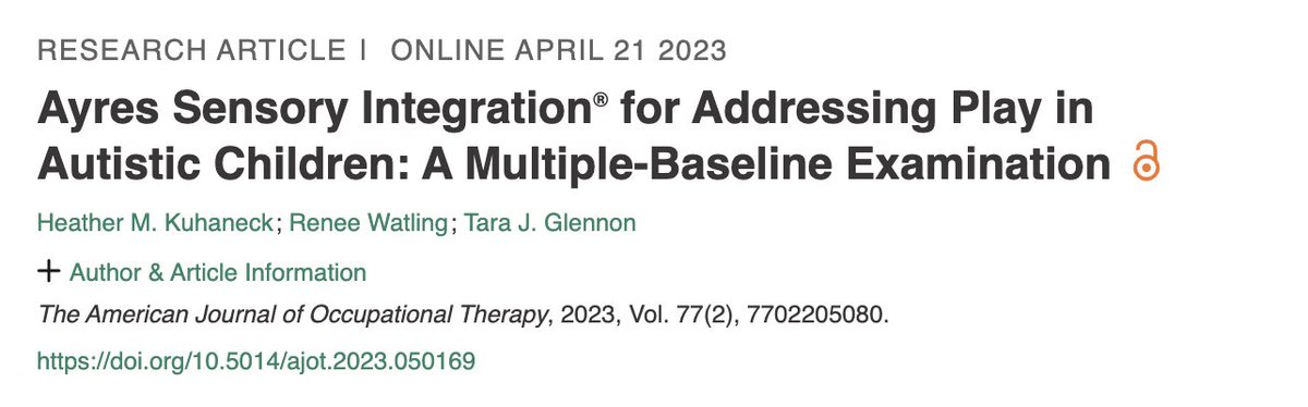 This recent study investigated #Ayres #SensoryIntegration (ASI) intervention on play types in #autistic children aged 3-6 years. 

doi.org/10.5014/ajot.2…