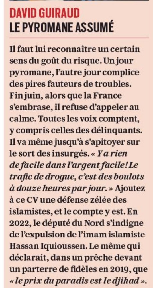 Cadeau du samedi 😉 Dans l'excellent dossier de #ValeursActuelles sur #LFI ce portrait à l'ecriture acérée du député Guiraud. Tout y est ! Du soutien à #Iquioussen à la dure vie des dealers en France. Un régal pour l'esprit ! Un joli CV.