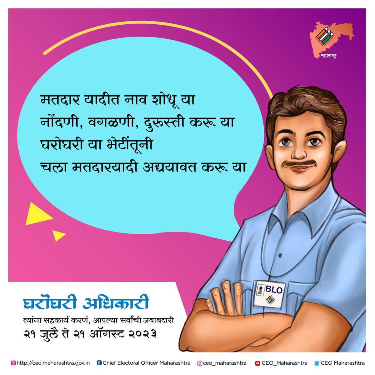 CEO_Maharashtra's tweet photo. #घरोघरी_अधिकारी
मतदारांच्या मदतीसाठी, आपल्या #मतदार यादीच्या अद्ययावतीकरणासाठी
२१ जुलै ते २१ ऑगस्ट २०२३ या काळात 

#blo #boothlevelofficer #officer #electionofficer #housetohousevisit #mission #compaign #responsibility #responsiblecitizen (1/2) https://t.co/fOJS0L8LiI