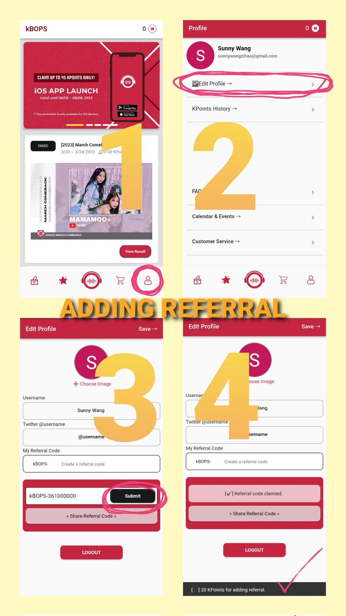 LE_VotingGlobal's tweet photo. #LEVGVT_GUIDE | kBOPS 🗳

HOW TO ADD REFERRAL (20 KPTS)

1. Go to Profile.
2. Edit Profile
3. Put in anyone's referral code 》 Submit

HOW TO GET A SHAREABLE CODE
1. Profile 》 Edit Profile 》 Type desired code
2. Save✅

#A_I_BAE #레비 #LEV #レビ @LEV_Official_ @LEV_OFFICIAL_JP https://t.co/2ZvsCHa6dj