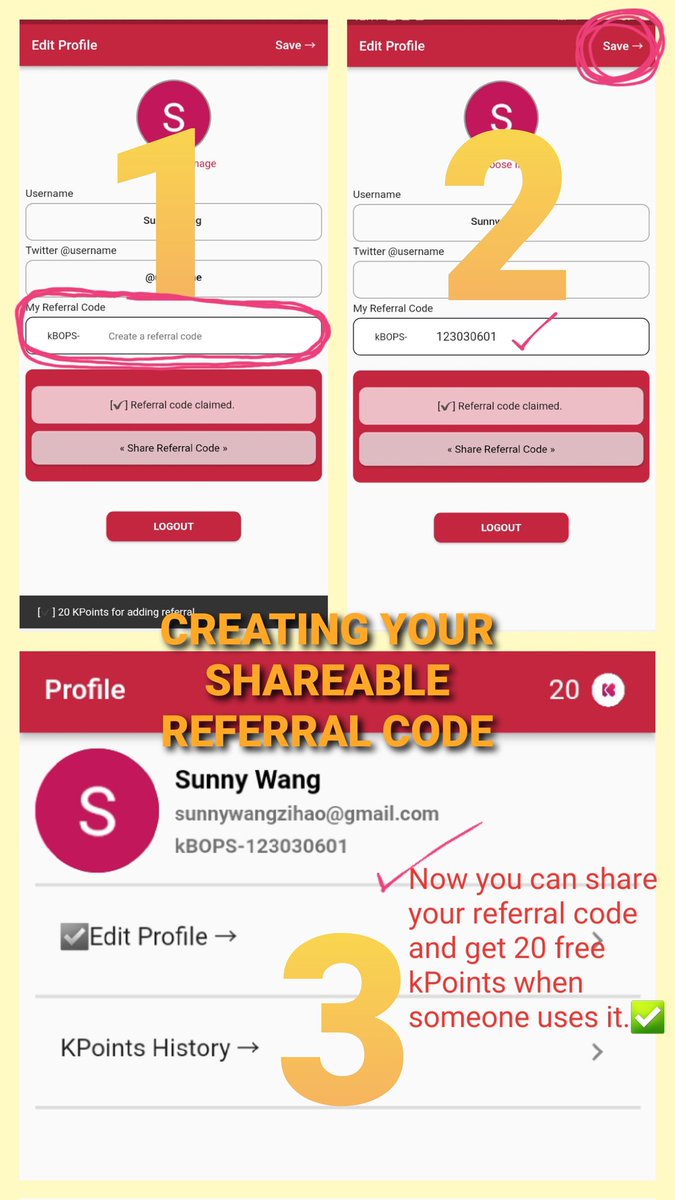LE_VotingGlobal's tweet photo. #LEVGVT_GUIDE | kBOPS 🗳

HOW TO ADD REFERRAL (20 KPTS)

1. Go to Profile.
2. Edit Profile
3. Put in anyone's referral code 》 Submit

HOW TO GET A SHAREABLE CODE
1. Profile 》 Edit Profile 》 Type desired code
2. Save✅

#A_I_BAE #레비 #LEV #レビ @LEV_Official_ @LEV_OFFICIAL_JP https://t.co/2ZvsCHa6dj