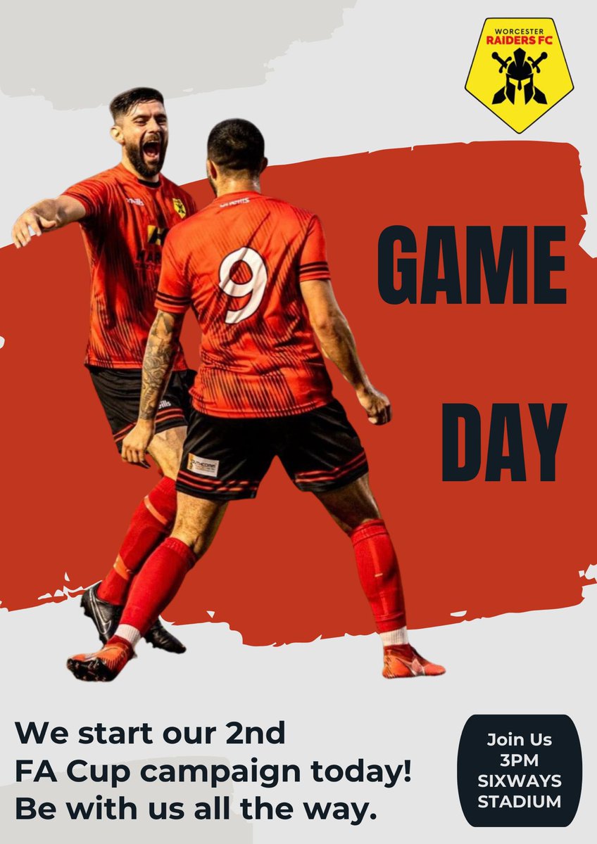 It’s Matchday not just any kind of Matchday it’s FA Cup Day up at Sixways Stadium as Worcester Raiders take on Belper United in the Emirates FA Cup KO 3pm Bar hot food available plus Free Parking Cmon You Raiders