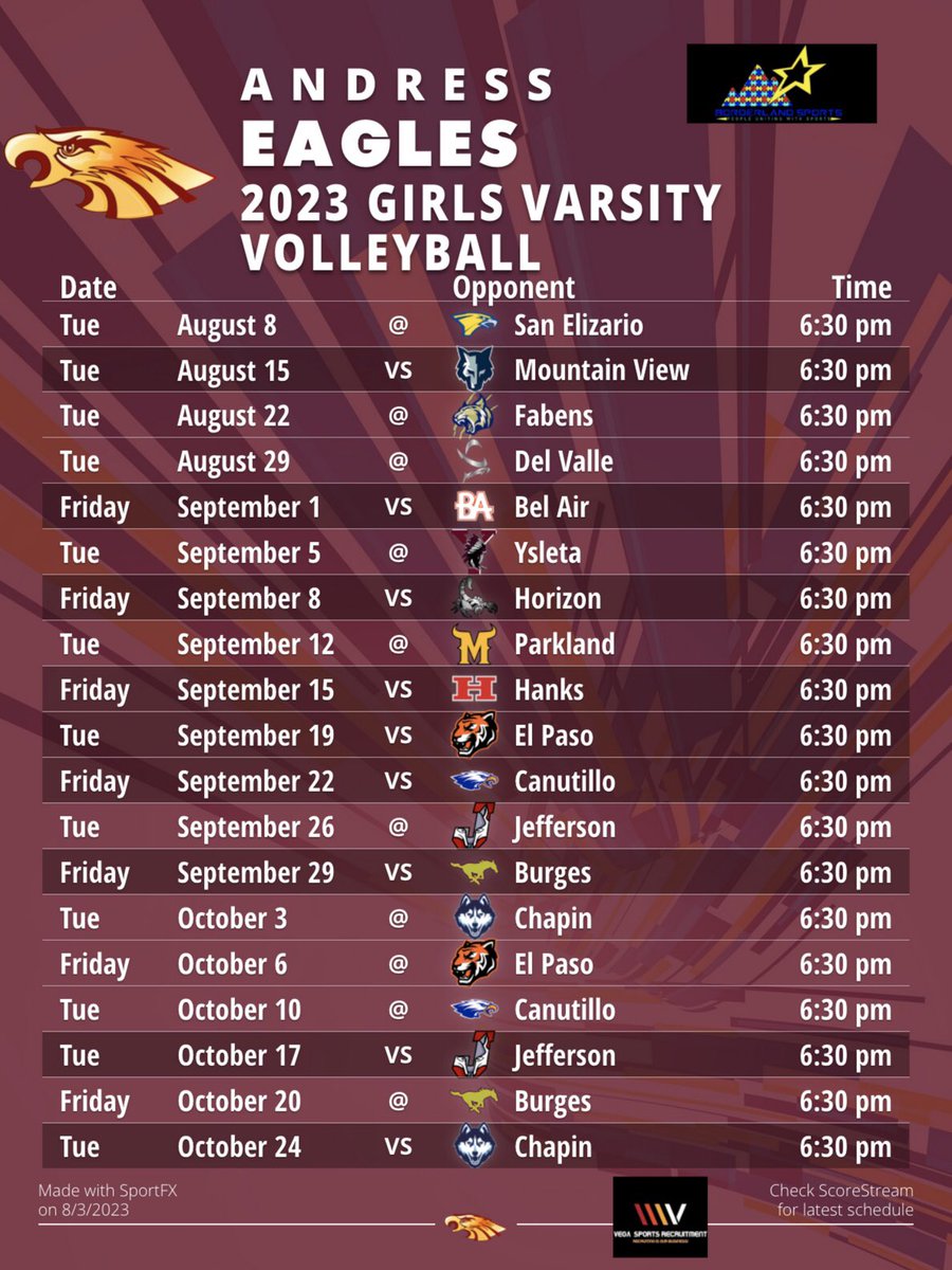 It's that time of year again. Volleyball season is upon us! 🎉👏🏼👏🏼🙌🏼 Make sure to mark your calendars and come support your lady eagles this season!🦅🏐💎💪🏼♥️
<a href="/EagleAndress/">AndressGoldenEagleAthletics</a> <a href="/AHSGoldenEagles/">Andress High School</a> <a href="/CharlesChargers/">Charles Chargers</a> <a href="/BobbyJoeHillPK8/">BobbyJoeHillPK8</a> @NrmsJags
