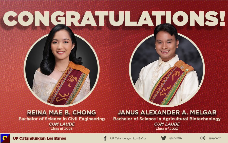 upcatlb's tweet photo. CONGRATULATIONS!!! 🎓🎉

The 𝑼𝑷 𝑪𝒂𝒕𝒂𝒏𝒅𝒖𝒏𝒈𝒂𝒏 𝑳𝒐𝒔 𝑩𝒂ñ𝒐𝒔 extends its loudest and proudest cheers to our brod Janus Alexander Melgar (Batch Karibangbang) and sis Reina Mae Chiong (Batch Kutob-Kalayo) as they both graduate 𝑪𝑼𝑴 𝑳𝑨𝑼𝑫𝑬 https://t.co/1fqPvVctFn