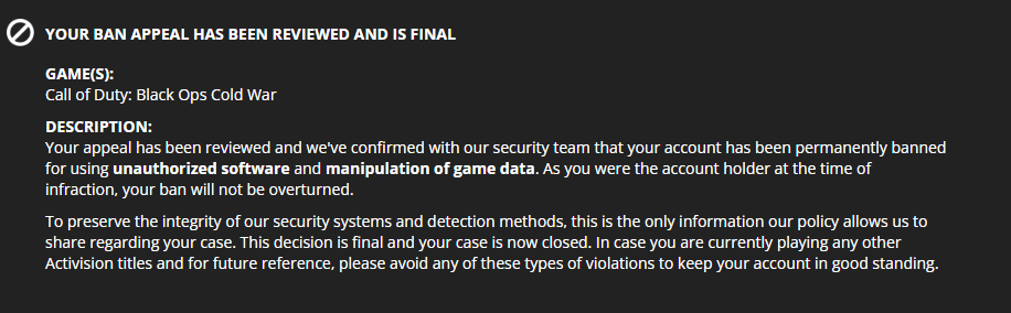 EliHowland5's tweet photo. @ATVIAssist  Activision? I was not the holder of the account at the time of the ban because I believe my account was compromised and whoever was on my account, used cheats in cold war. If you think my I was the owner of the account at time of ban, can i have some proof? https://t.co/nbXVq37Xlg