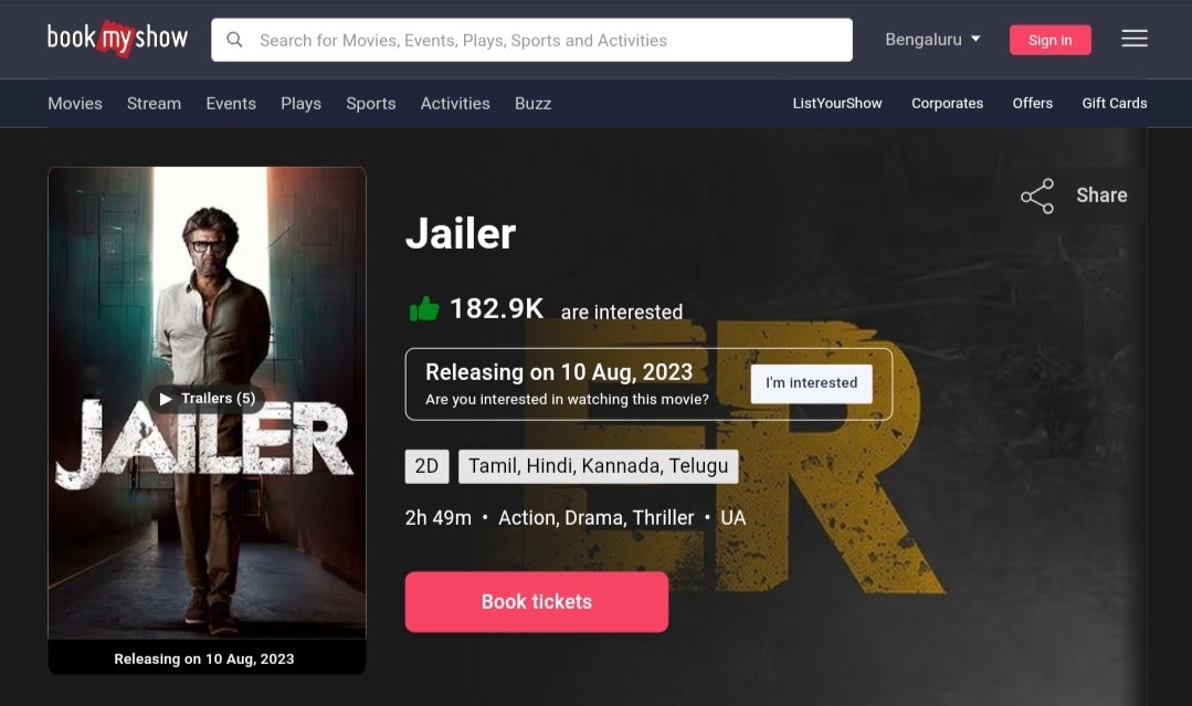 #Jailer Advance Bookings Open Now!

Currently Only Tamil Version is available for Bookings, Kannada & Hindi Version to open shortly.

Click Here to Book Tickets 🎟️
in.bookmyshow.com/movies/jailer/…

#Thalaivar #SuperstarRajinikanth #SuperStarRajini #Shivanna #Shivarajkumar #Nelson