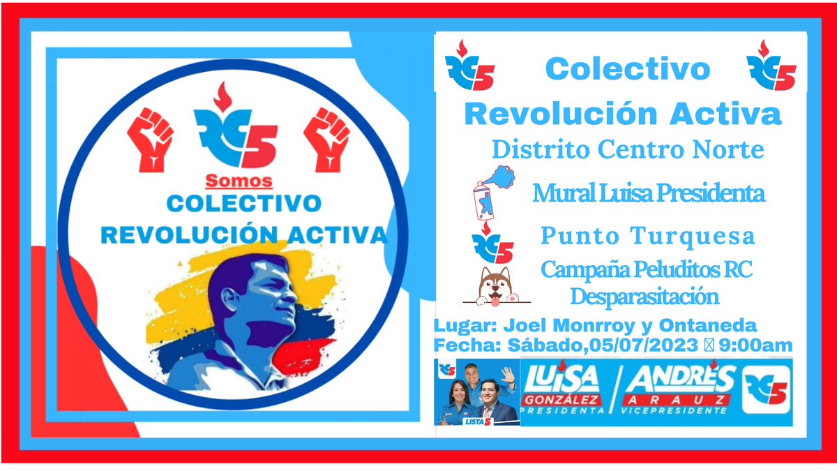 RonnyYundaT's tweet photo. #ColectivoRevoluciónActiva
#DistritoCentroNorte
Activate ✊💙
🩵 Punto Celeste
🐶 Peluditos RC (Campaña de Desparasitación)
🙋🏻♀️ Mural Luisa Presidenta
Fecha: Sábado, 05 de Agosto del 2023
Lugar: Joel Monroy y Ontaneda esquina.
Hora: 9:00am
https://t.co/0nUKvluFe6 https://t.co/RF4MtpLcPQ