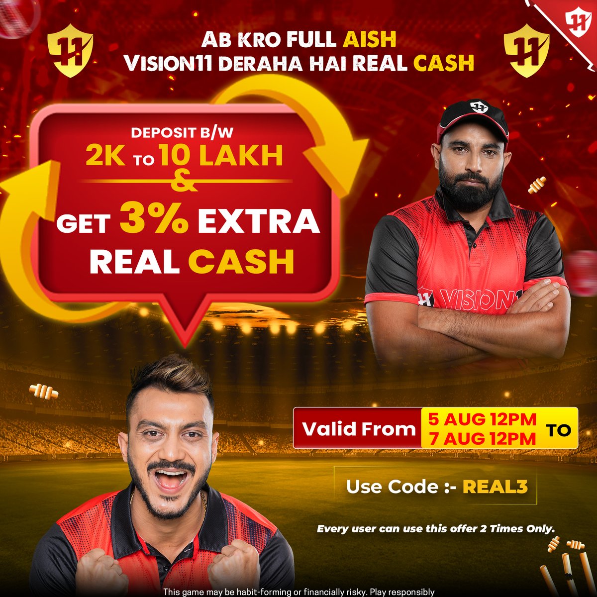 Vision11ofc's tweet photo. Cash ki baarish on #Vision11 πΈπ°
Ab khel hoga dumdaar, kyuki aagya hai the ultimate offer πͺ
Deposit money on @vision11ofc to win real cash NOW!!π²
*T&Cs applied
.
.
.
.
#vision11 #vision11official #DepositOffer #RealCash #Vision #REAL #iskijhalaksabsealag #SapnoKaVision https://t.co/DYSsjMFBkf