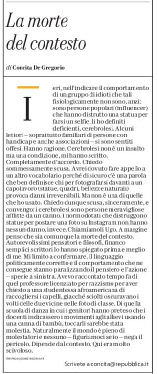 zeropregi's tweet photo. Strepitosa Concita De Gregorio che torna sul pezzo scritto da lei ieri, chiede scusa per come si è espressa ma poi attacca il politicamente corretto che ucciderebbe "il contesto". La permalosità del giornalismo nostrano è un caso clinico. https://t.co/eLUUShurDm