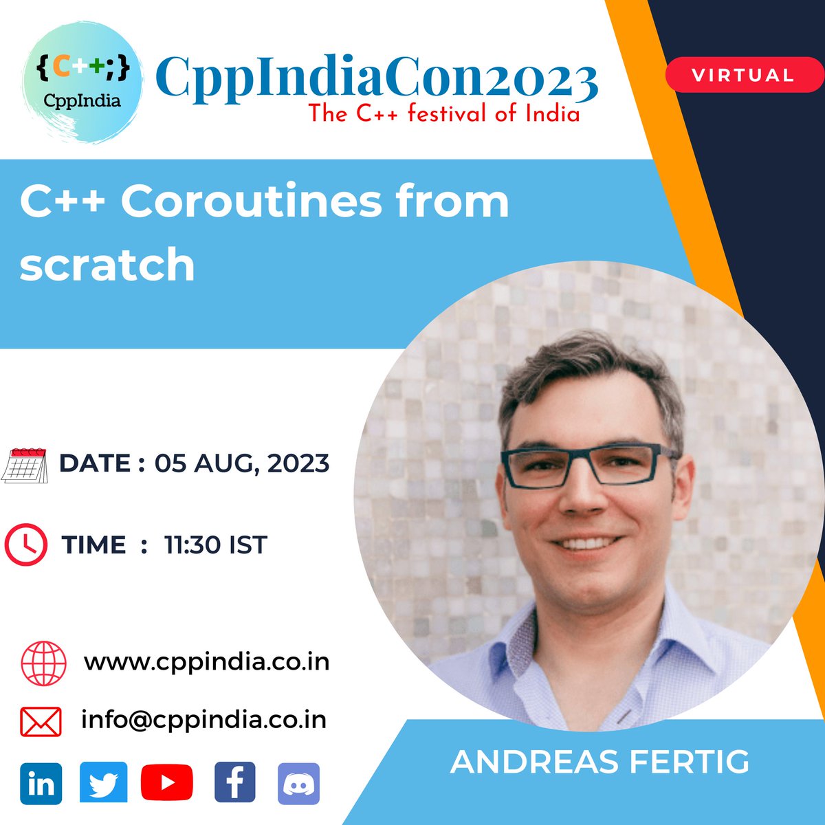 CppIndiaUG's tweet image. Join us for our talk by Andreas Fertig on &quot;C++ Coroutines from scratch&quot; at 11:30 AM IST.
Sponsors:
@Intel
@qubecinema
@thinkcell
@TechAtBloomberg

#cppindia #cppindiacon2023