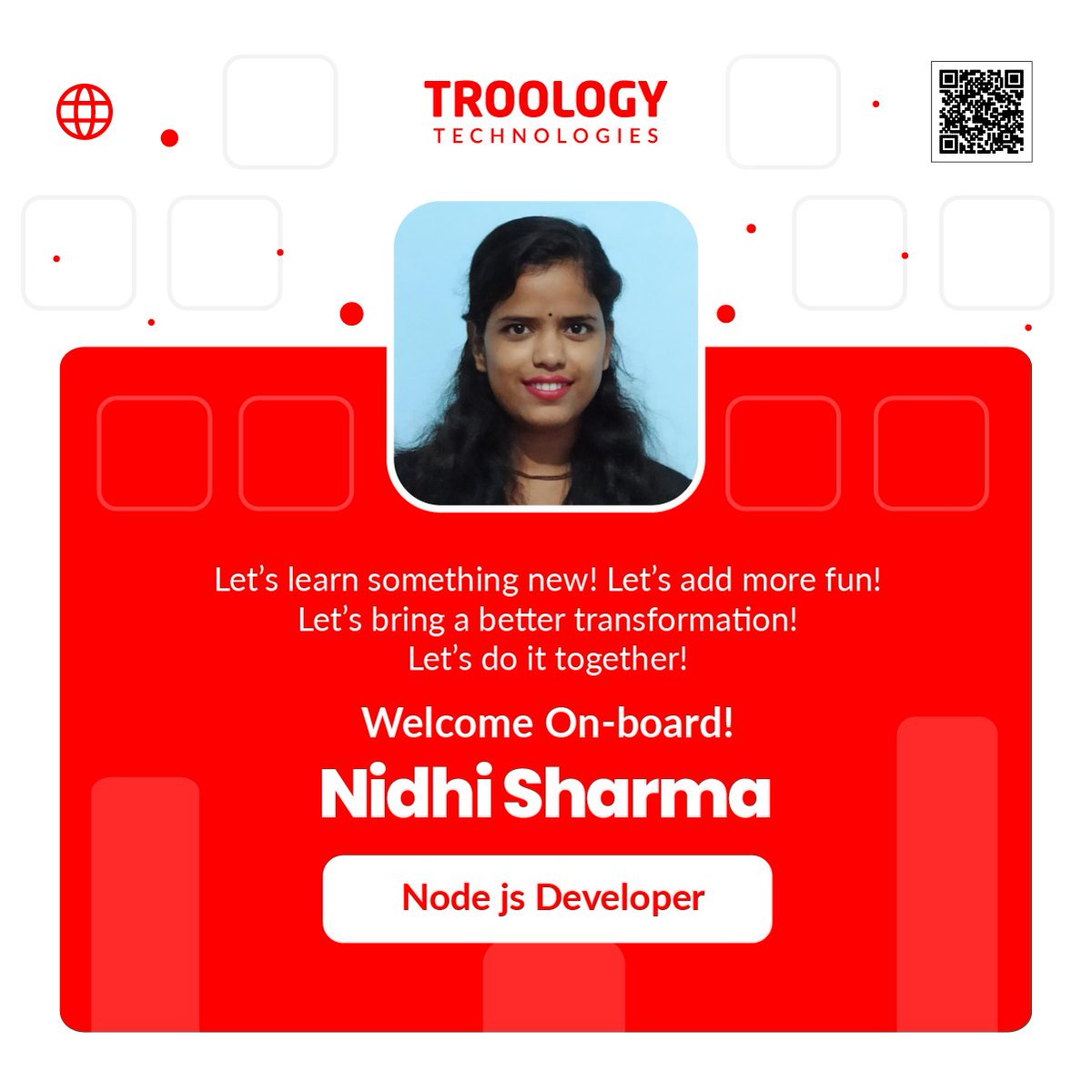 TROOLOGY's tweet photo. We're thrilled to welcome Nidhi Sharma as our newest Node.js Developer at TROOLOGY Technologies! Nidhi's expertise and passion for problem-solving will have a significant impact on our projects.
#like #environment #developer #creativity #projects #newjoinee #newjoiners #hiring https://t.co/cLtLbtZZIa