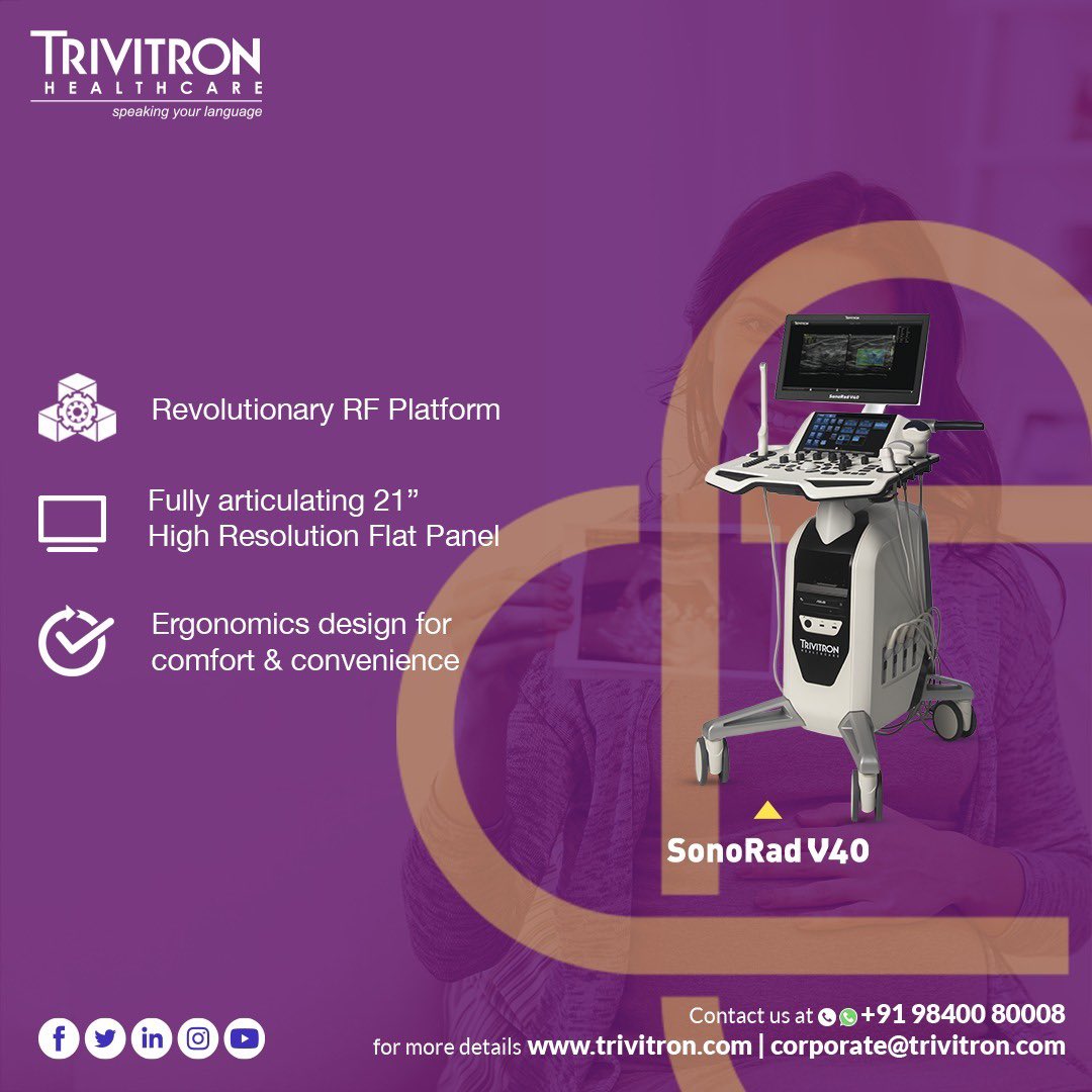 TrivitronIndia's tweet photo. Trivitron SonoRad V40, a high-end Color Doppler, with an advanced comprehensive Imaging platform, provides holistic features that leads to Superior quality imaging with Precise Diagnosis.
To know more: https://t.co/DcpoqZ6OAv or call us at +91 9840080008
#ColorDoppler #Ultrasound #WeAreTrivitron #Imaging #SonoRadSeries