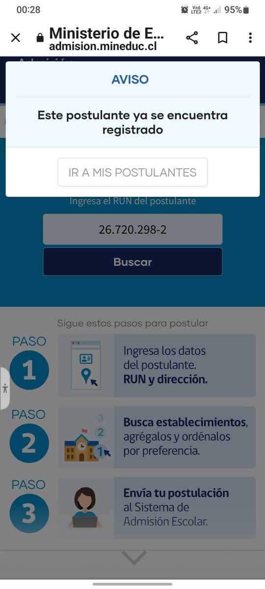 Fidelisa31's tweet photo. @AdmisionEscolar Estoy postulando desde ayer y eso me aparece no me deja el sistema completar la postulacion.  
Atento solucionar!!! https://t.co/XoRTSXfjB2