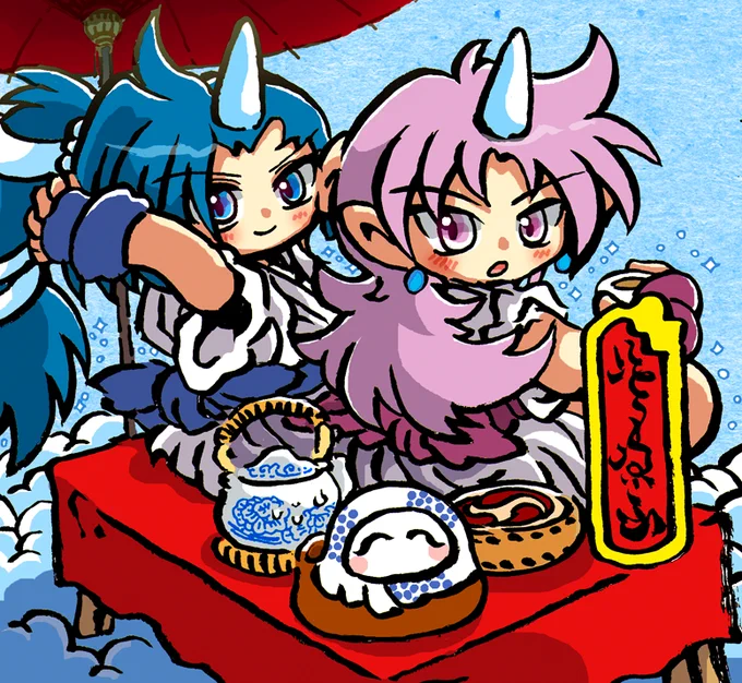 五の日だからがんばれゴエモンのイラスト描く。浴衣で麦湯をのむ風神娘・雷神娘。#五の日はゴエモンでぇ