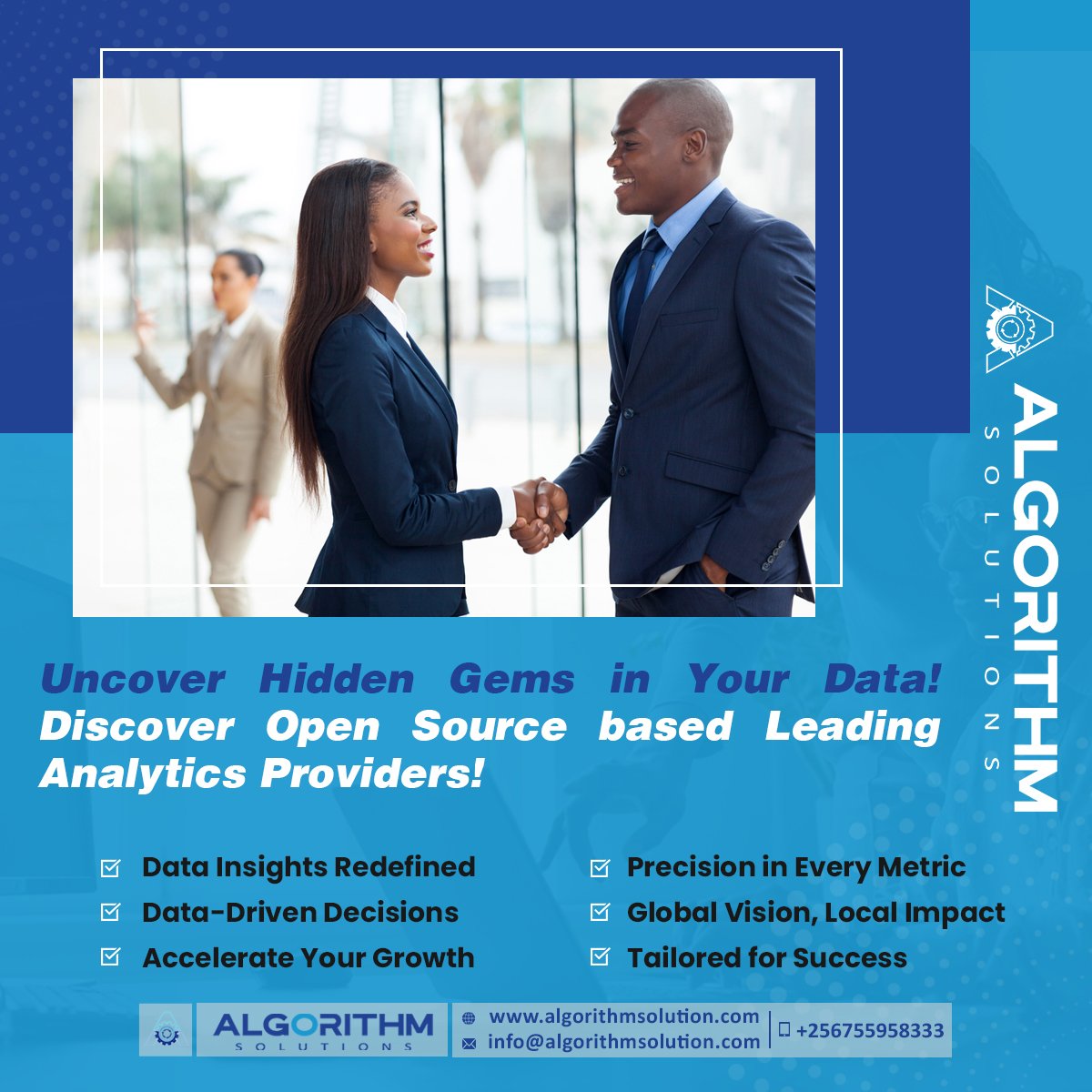 Algorithmsoln's tweet photo. Don't let valuable insights go unnoticed! 📊🌟 Partner with our Analytics providers in Uganda and unleash the full potential of your data-driven success story.

 #Analytics #datainsights #businessgrowthstrategy #DataDrivenDecisions #UgandaBusinessEmailList #techinuganda #data https://t.co/REEUxhcCBR