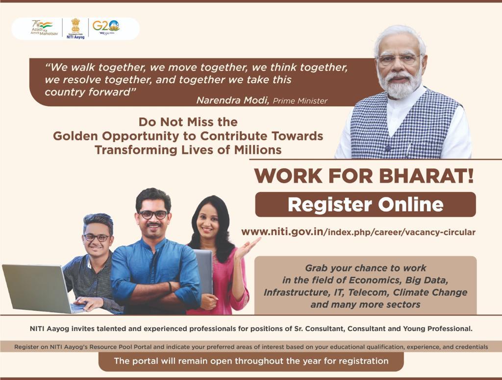 NITIAayog's tweet photo. A golden opportunity awaits you at #NITIAayog. Grab your chance to WORK FOR BHARAT. 
Join the NITI experts working in Economics, Big Data, Infrastructure,IT, Telecom, Climate Change etc. 
Register now: 
https://t.co/ANLCWJtYEC

#PMO
#MinistryofEducation
#Work@NITI https://t.co/Ks6KukyuPP