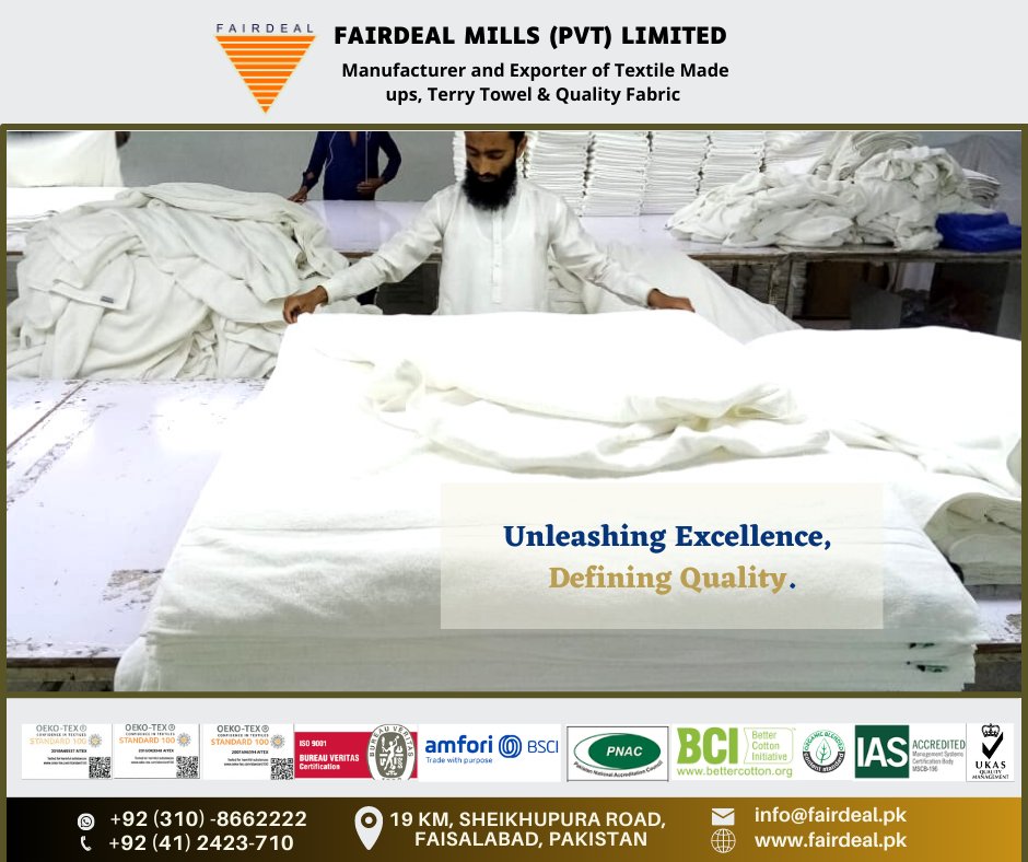 kbexports7's tweet photo. Fairdeal Mills (Pvt) limited, a company dedicated to unleashing excellence and defining quality in all aspects of our business. Our team is committed to providing the highest level of service and expertise to meet your needs.
#Fairdealmillspvtlimited
#kbgroup
#textileexporter https://t.co/8QVnS41cnJ