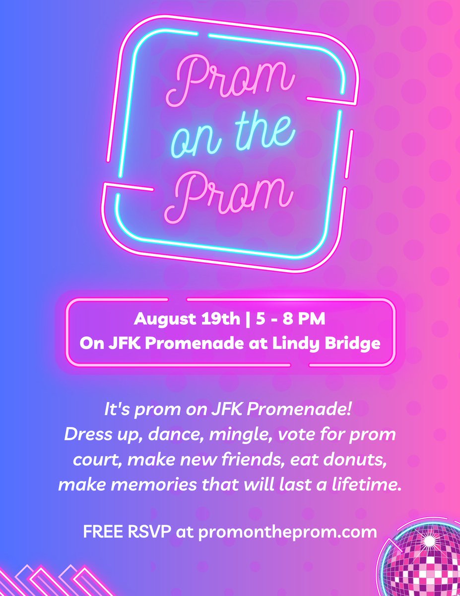 PromOnTheProm's tweet image. Will you go to prom with us?

🪩💕💃🏽✨PROM ON THE PROM✨🕺🏾💕🪩

August 19 | 5 - 8 PM | JFK Promenade at Lindy Bridge

RSVP at partiful.com/e/f2X8M2fFoS62…

#promontheprom #freeevent #carfreejfk #goldengatepark #sanfrancisco #freeinsf #sffuncheap #dance #prom