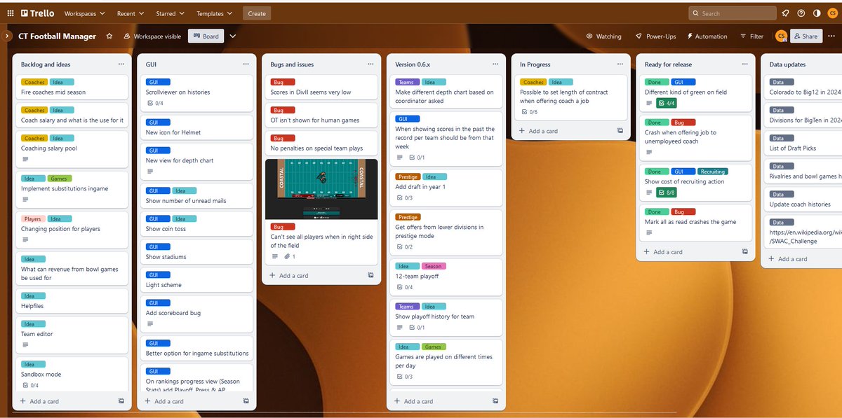 CTGames6's tweet photo. With the latest version just released it is time for us to look ahead and plan the next release. This means that we have used some time organizing our tasks. The first larger task we will look into is some changes for coaches including salary. #CTFMv2 https://t.co/BMtVVPn0nl