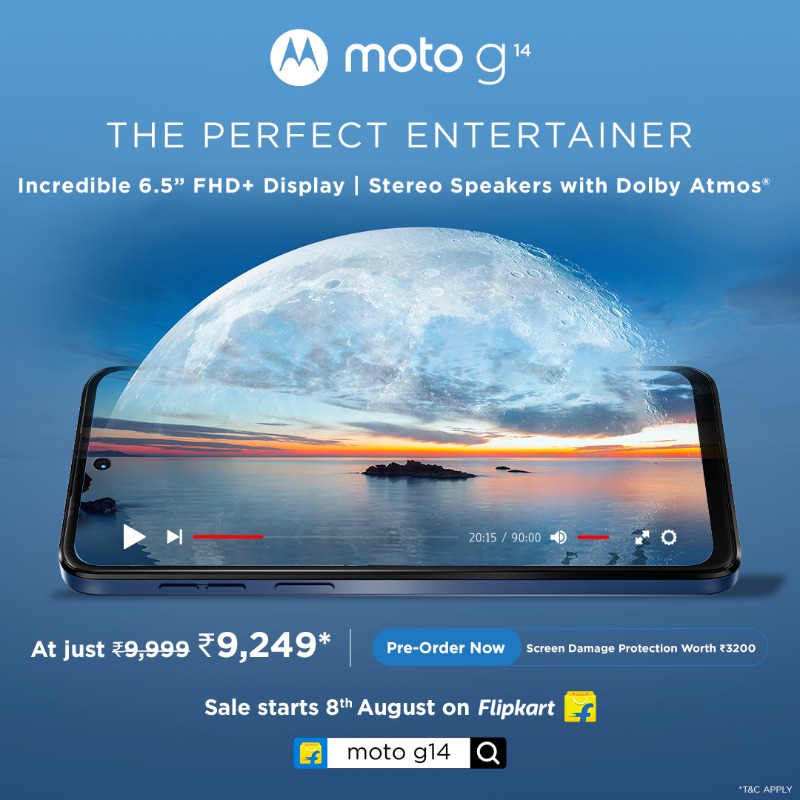 motorolaindia's tweet photo. Experience ‘hatke’ entertainment with #motog14. Immerse yourself in the captivating 6.5” FHD+ Display, be enchanted by audio from Stereo Speakers featuring Dolby Atmos® ! Sale starts 8th August at just ₹9,249* on @flipkart & leading retail stores. #HatkeStyle #HatkeEntertainment