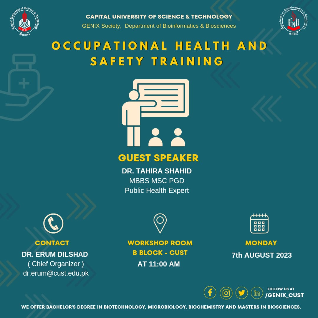 Genix_cust's tweet photo. Join us for Occupational Health & Safety Training on Aug 7, 11 AM at Workshop Room B-Block CUST. Dr. Tahira Shahid, a public health expert, will lead the session.
Contact:
Dr. Erum Dilshad - dr.erum@cust.edu.pk.
Don't miss out!
#GENIX #genix_cust #CUST #SafetyTraining https://t.co/AXmnFTRhv8