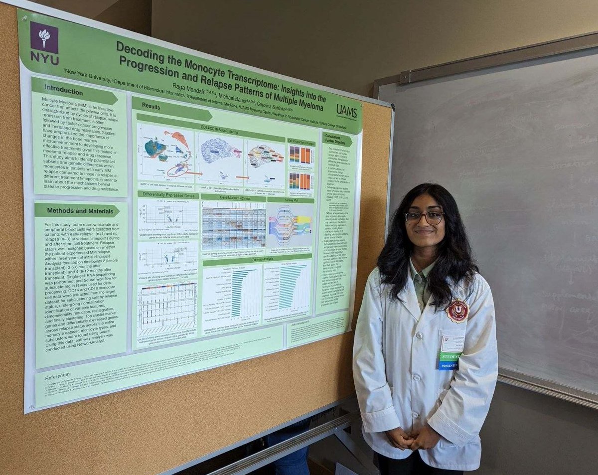 mbkodos's tweet image. Super proud of my summer intern Raga Mandali. Did some great science on the TME of multiple myeloma using scRNASeq. Her poster placed in the top 10 out of over 100 at the Summer Research Symposium!
@UAMSMyeloma @uamscancer @UAMS_DBMI @nyuniversity