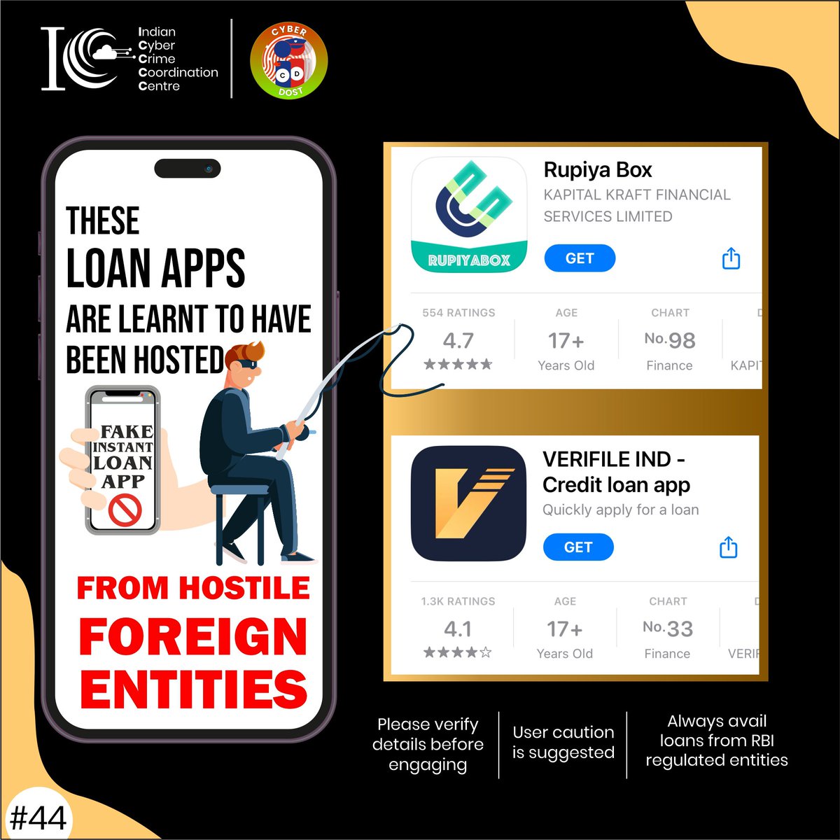 Verify details of apps before engaging. These apps are learnt to have been hosted from hostile foreign entities. If you are a victim of cybercrime #Dial1930 &amp; file a complaint on cybercrime.gov.in
#CyberDostFactCheck
#InstantLoanApps
#LendingApps
#MobileApp
<a href="/RBI/">ReserveBankOfIndia</a> <a href="/Apple/">Apple</a> <a href="/ANI/">ANI</a>