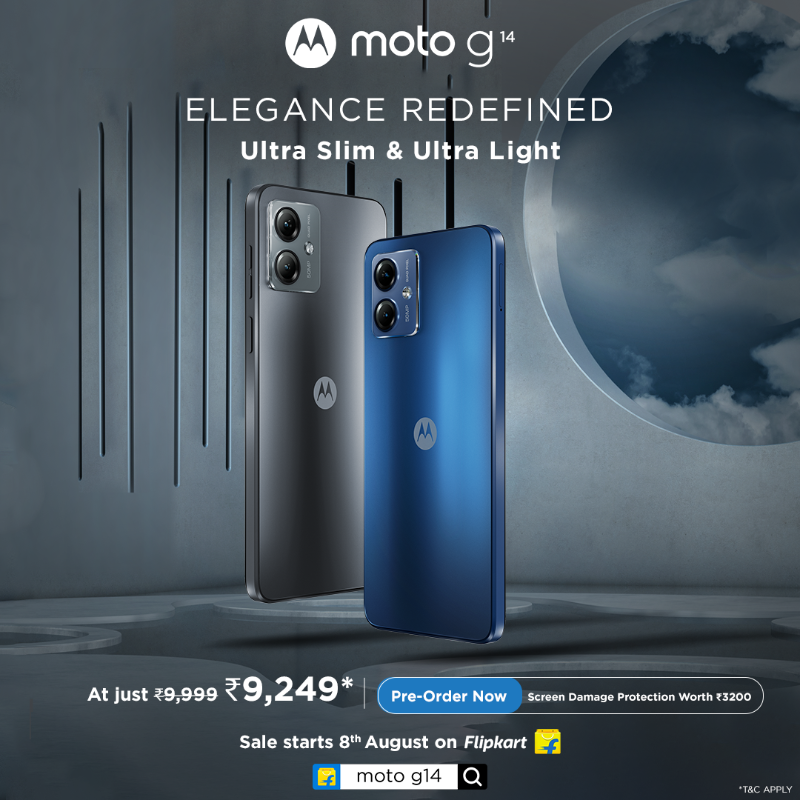motorolaindia's tweet photo. Discover elegance with the unique #motog14. Its 7.99mm Slim and 177gm Light design redefines style. Sale starts 8th August at just ₹9,249* on @flipkart, https://t.co/azcEfy1Wlo, and leading retail stores. #HatkeStyle #HatkeEntertainment