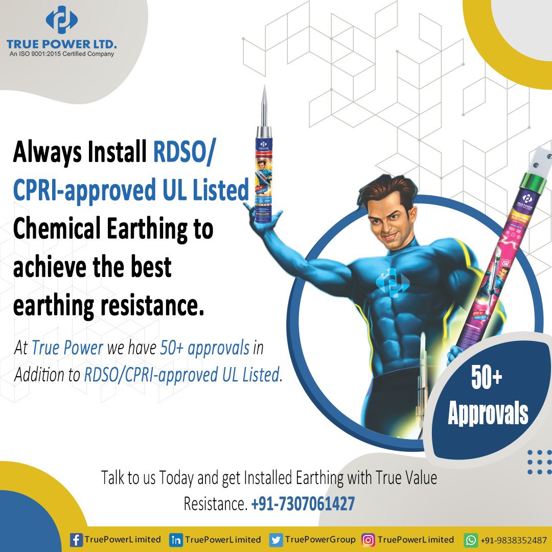 TruePowerGroup's tweet photo. At True Power we have 50+ approvals in addition to RDSO/CPRI-approved UL Listed.

#TruePower #Earthing #ChemicalEarthing #LightningArrester #SPD #surgeprotectiondevice #SurgeProtection #SpikeArrester #copperearthing #ESELightningArrester #ESEArrester #WiresCables #WiresAndCables https://t.co/KbQhGhdBb3