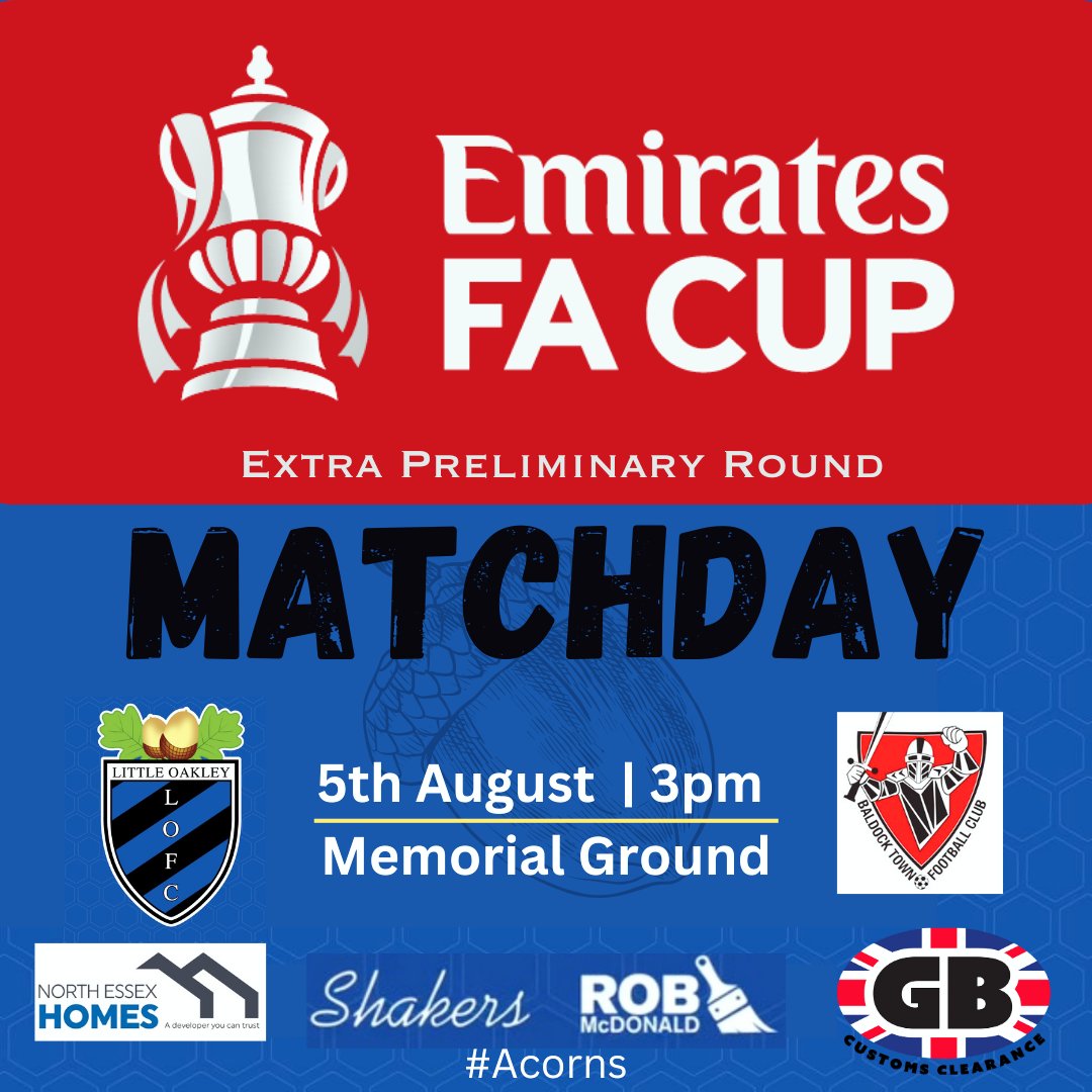 LittleOakleyFC's tweet photo. It's FA CUP MATCHDAY !

The Magic of the @EmiratesFACup is at the Memorial Ground today.

We welcome @baldocktownfc for this extra Preliminary round tie.
Get to this if you can your support is much appreciated

'Come On You Acorns'

⚫🔵🌰⚫🔵
#groundhoppers #EmiratesFACup
#FACup https://t.co/cL41CsyC9N