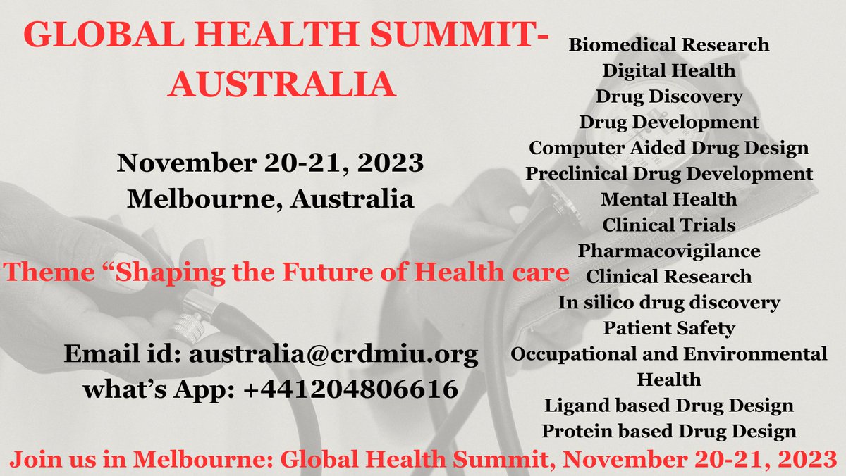 div_jennifer's tweet photo. Empowering Health in Melbourne: Global Health Summit, November 20-21, 2023
#Biomedical #Research
#Digital #health #drug #drugdiscovery #Drug #design
#mentalhealth #pharmacovigilance #clinical 
visit:https://t.co/XL6lpHLCyR
Email : australia@crdmiu.org
what’s App: +441204806616 https://t.co/cDb08dcIHO