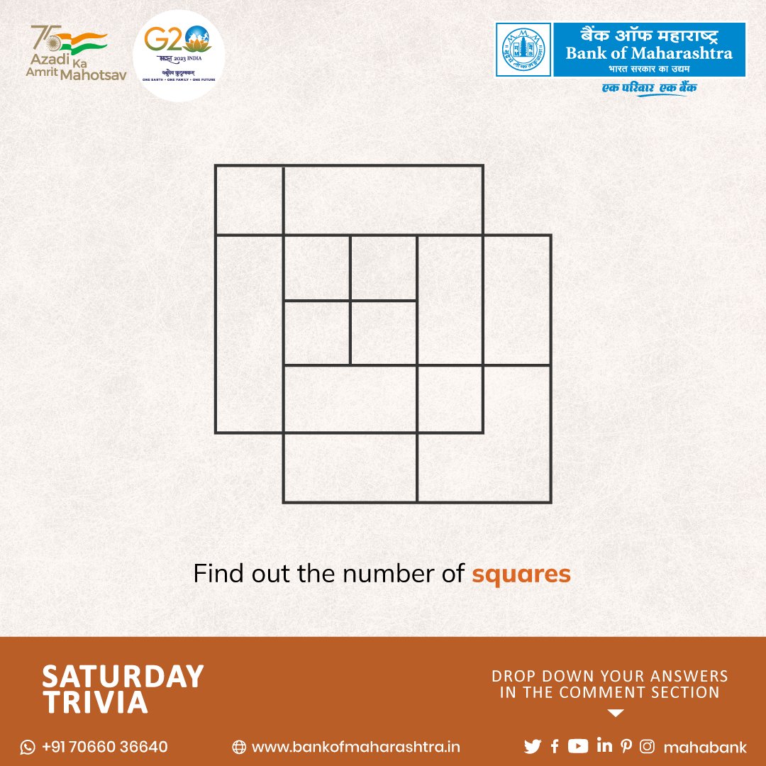 mahabank's tweet photo. Get ready for a brain teaser! Can you count the squares in this picture? Put your visual skills to the test in our Weekend Saturday Trivia.
#VisualPuzzle #PuzzleChallenge #TriviaChallenge #TestYourKnowledge #TriviaQuest #BrainTeaser #MindTeasers #TriviaTime #TriviaFun https://t.co/u6ynj9SkoV