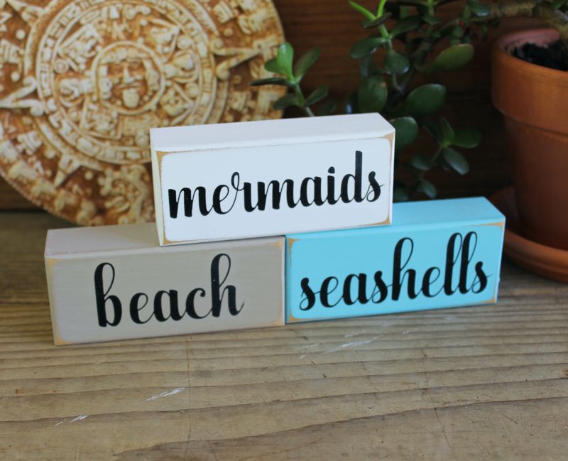#BeachSign Mini Shelf Sitter Blocks #mermaids  #Beach #Seashells Stacking Blocks Mermaid Decor Beach House Beach Decor #SMILEtt23 #cwsigns #TieredTrayDecor etsy.me/3qkX7QC via @Etsy