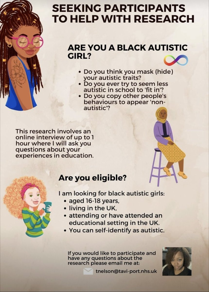 DrTNelsonEP's tweet image. I am still looking for UK Black Autistic girls aged 16-18 years old to share their experiences of masking autism in school. Please share and get in touch. Interview questions will be sent in advance of the interview 
#blackautistics #autisticmasking #educationalpsychology