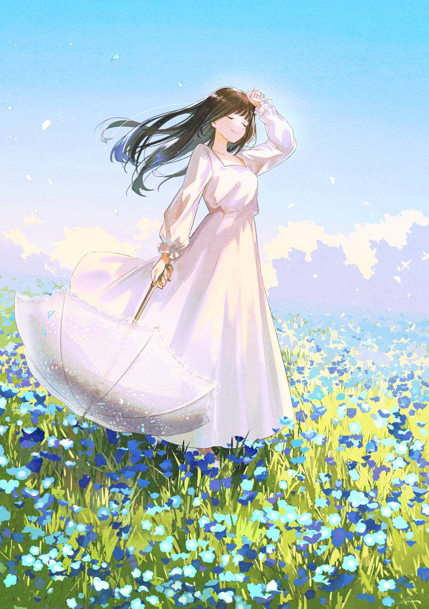 1girl flower solo flower field dress field umbrella  illustration images