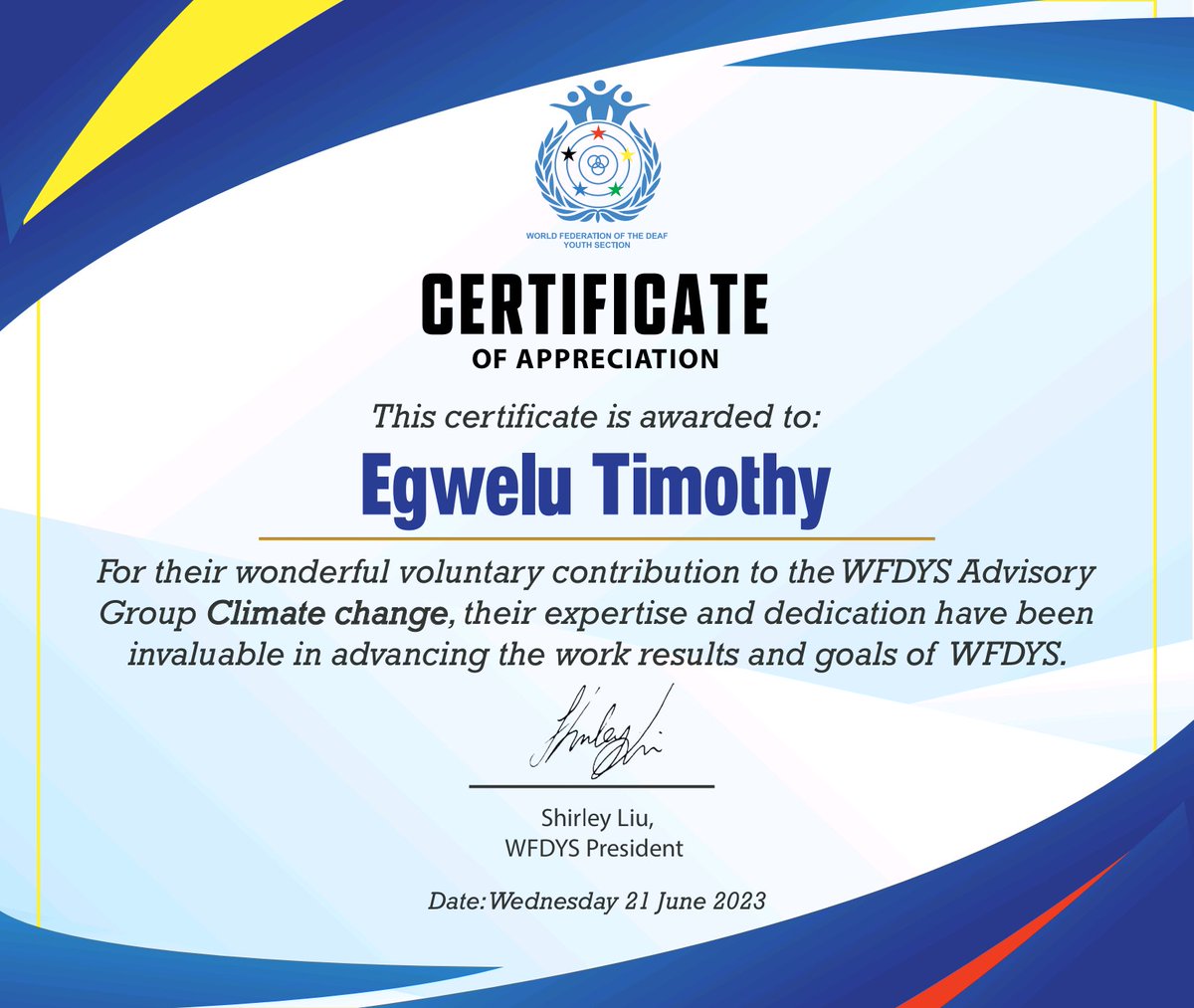timothyegwelu's tweet photo. On my recent recognition for my service as an Member Advisory Group for climate change in the World Federation of the Deaf Youth Section @wfdys Board. It has been an incredible journey working alongside an exceptional and  dynamic team of inspiring change-makers. https://t.co/bK698AgtMB