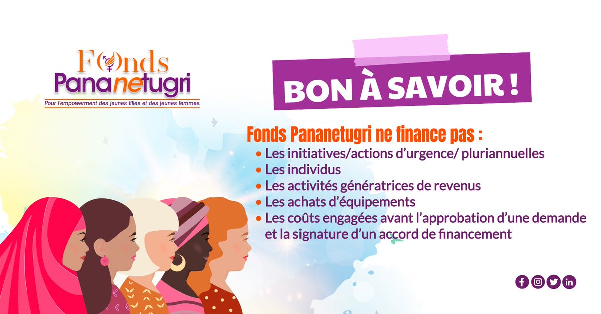Fonds Pananetugri (@fondspananetugr) on Twitter photo đImportant
Le @Fpananetugri ne finance pas :
âïžLes initiatives/actions dâurgence/ pluriannuelles
âïž Les individus
âïž Les activitĂ©s gĂ©nĂ©ratrices de revenus
âïžAchat dâĂ©quipement
âïž Les coĂ»ts engagĂ©es avant lâapprobation dâune demande et la signature dâun accord de financement đImportant
Le @Fpananetugri ne finance pas :
âïžLes initiatives/actions dâurgence/ pluriannuelles
âïž Les individus
âïž Les activitĂ©s gĂ©nĂ©ratrices de revenus
âïžAchat dâĂ©quipement
âïž Les coĂ»ts engagĂ©es avant lâapprobation dâune demande et la signature dâun accord de financement