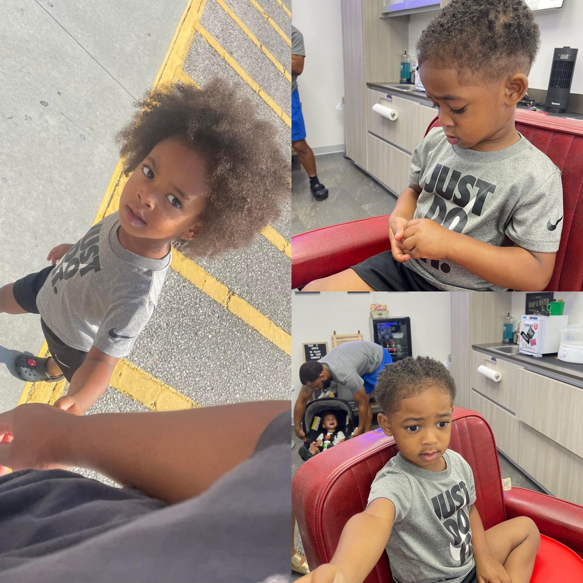 He walked in like y’all really about to cut my hair off

The last pic is when we became friends at the end he wanted me to open his candy 😂 #Elitekids #firstcut