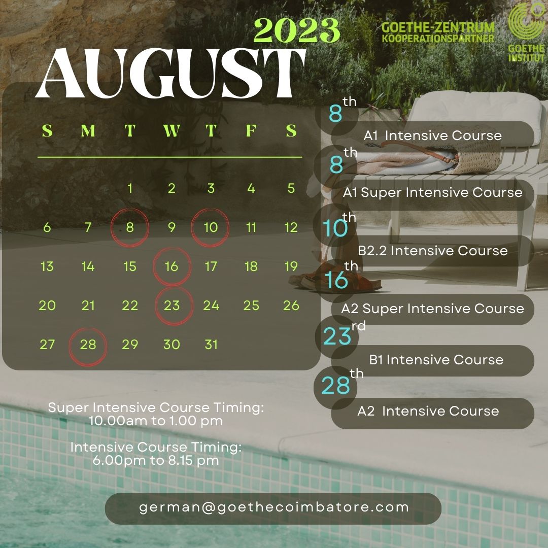 GoetheZentrum's tweet photo. August Month Courses
.
.
.
.
 #deutschlernen, #goetheinstitut, #goethezentrum, #goethezentrumcoimbatore, #learngermanincoimbatore, #learngermanintamilnadu, #learngermaninkerala, #learngermaninkochi, #learngermanintrivandrum, #germanteacher #germanteachertraining, #germantraining https://t.co/yEgZecjx4B