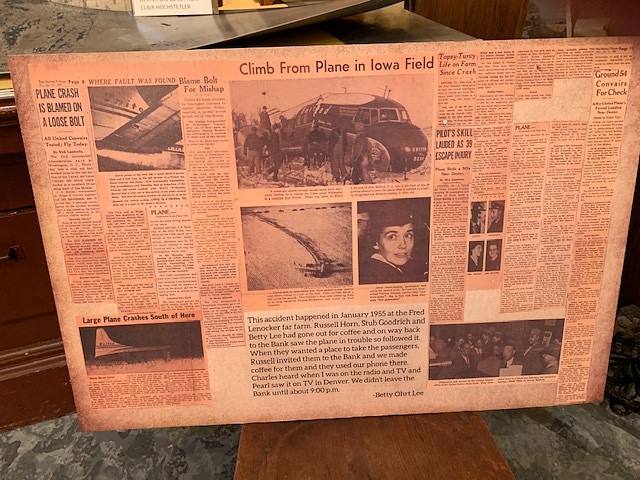 A United plane crash landed south of Dexter in January of 1955. Recently part of the propeller of the plane has been loaned to the Dexter Museum. It's part of a display about the historic plane crash at the museum, which will be open Sunday afternoon from 1-3.

#iowahistory